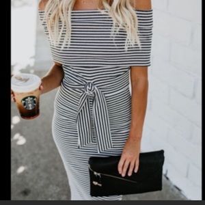 Striped off the shoulder short sleeved dress